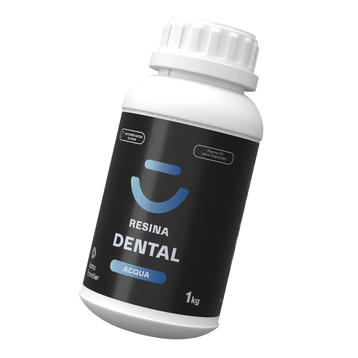 Frasco de 1 kg da resina 3D Dental Acqua translúcida da Data Frontier, vista inclinada